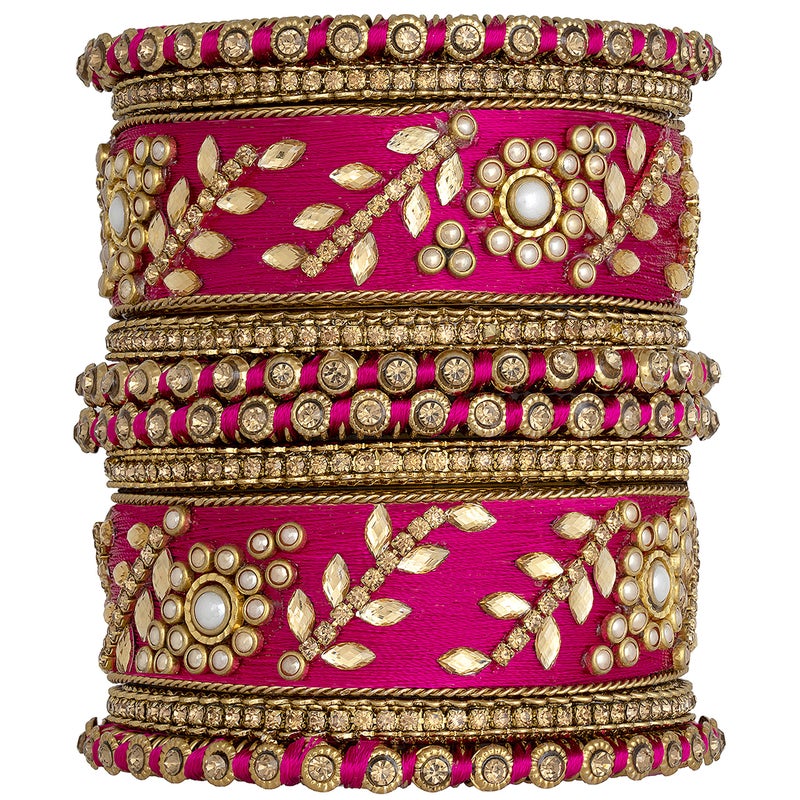 Aheli Traditional Wedding Designer Silk Thread Faux Stone Studded Bridal Bangle Set Chuda Indian Ethnic Bollywood Fashion Jewelry Gift for Women (Magenta) - Image 1
